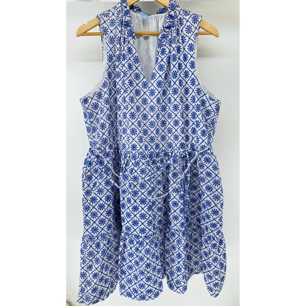 Draper James RSVP Sleeveless Tiered Dress Women 1X Blue White Embroidered Cotton